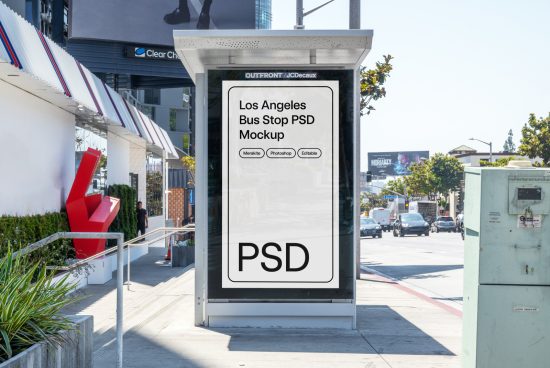 Bus stop advertisement mockup in a sunny urban setting, perfect for designers to showcase billboard designs in a realistic environment.